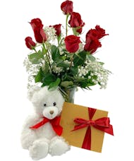 Romantic Roses, Godiva & Teddy Bear