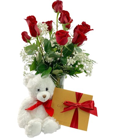 Romantic Roses, Godiva & Teddy Bear